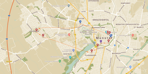 Karte der Stadt Münster mit eingezeichnetem Rundweg | Kim Keen, Annette-von-Droste-Hülshoff Gymnasium Karte der Stadt Münster mit eingezeichnetem Rundweg | Kim Keen, Annette-von-Droste-Hülshoff Gymnasium