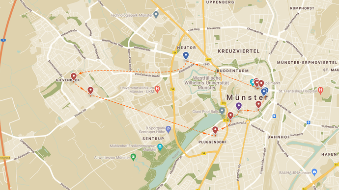 Karte von Münster mit eingezeichnetem Weg. Karte von Münster mit eingezeichnetem Weg.