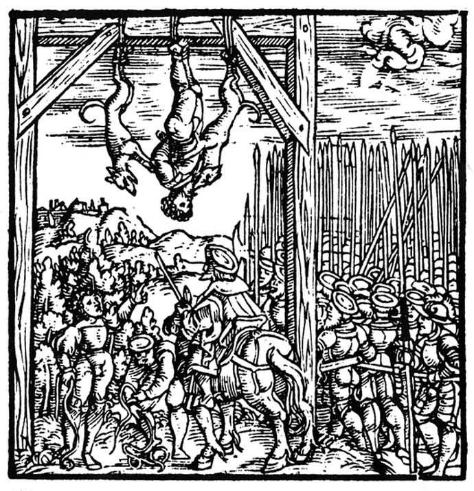 Holzschnitt der Foltermethode "Judenstrafe".